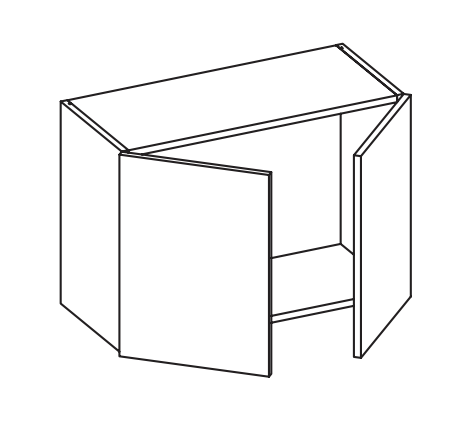 Line drawing of a cabinet with open doors and a shelf inside.